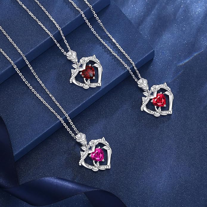AGVANA Rose Birthstone Necklace for Women Sterling Silver Rose Flower Heart Necklace Fine Jewelry Anniversary Birthday Gifts for Women Wife Mom Her, Length: 18"+2"