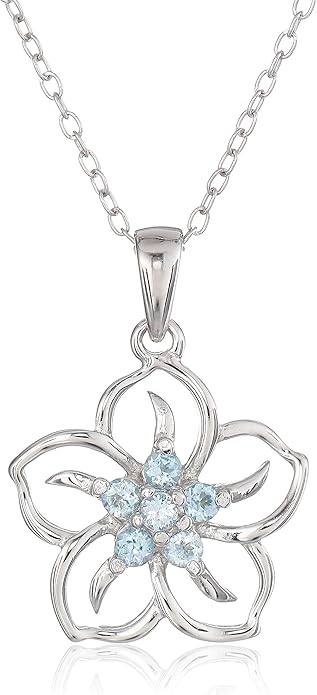 Amazon Essentials Genuine or Created Gemstone Birthstone Flower Pendant Necklace with Chain in Sterling Silver, 18" (previously Amazon Collection)
