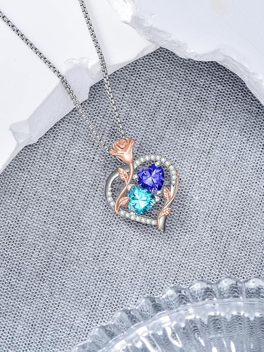 Jewelry for Her Double Heart Rose Birthstone Pendant Necklace Anniversary Jewelry Christmas Birthday Gifts for Women Wife Girlfriend