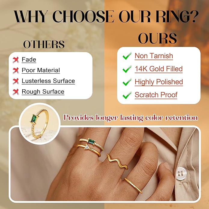 Fansilver 14K Gold Plated Stacking Rings for Women Simple Dainty Gold Stackable Knuckle Thumb Rings Heart CZ Opal Rings Plain Band Size 5-11