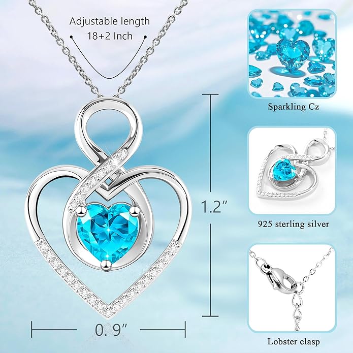 Heart Necklace for Women, 925 Silver Necklace with Infinity Heart Pendant, Personalized Birthstone Necklace Anniversary Birthday Gifts for Wife, Girlfriend, Mom