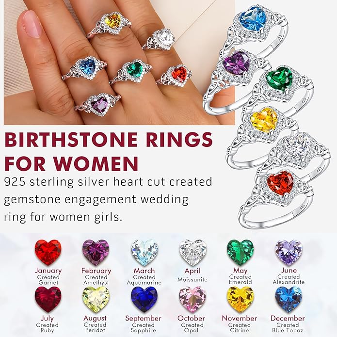 DAYBYDAY Celtic Birthstone Rings for Women 925 Sterling Silver Heart/Round/Pear/Oval Created Gemstone Moissanite Halo Engagement Promise Rings for Her Wife Birthday Anniversary Wedding Jewelry