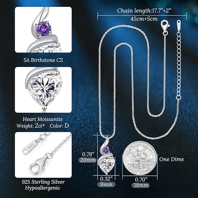 Moissanite Heart Pendant Necklaces for Women，925 Sterling Silver Gold Plating Necklace with Birthstone，Ideal Anniversary Present or Birthday Christmas Valentine Engagements Mothers Day Jewelry Gifts for Mom Wife Her Girlfriend