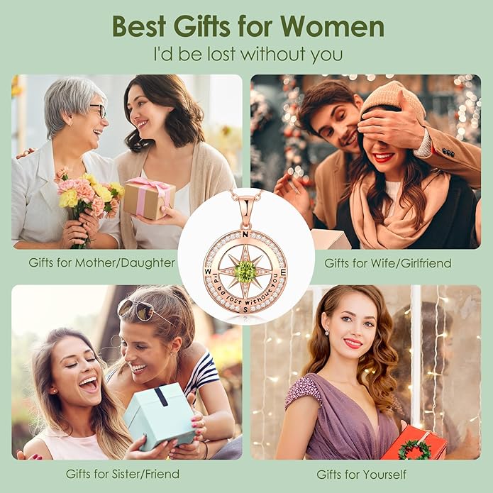 Compass Necklace Gifts for Women wife - S925 Sterling Silver Birthstone Necklaces for Women - Anniversary Birthday Gifts for Her Wife Girlfriend - Valentines Mom Mothers Day Christmas Gifts Jewelry for Women