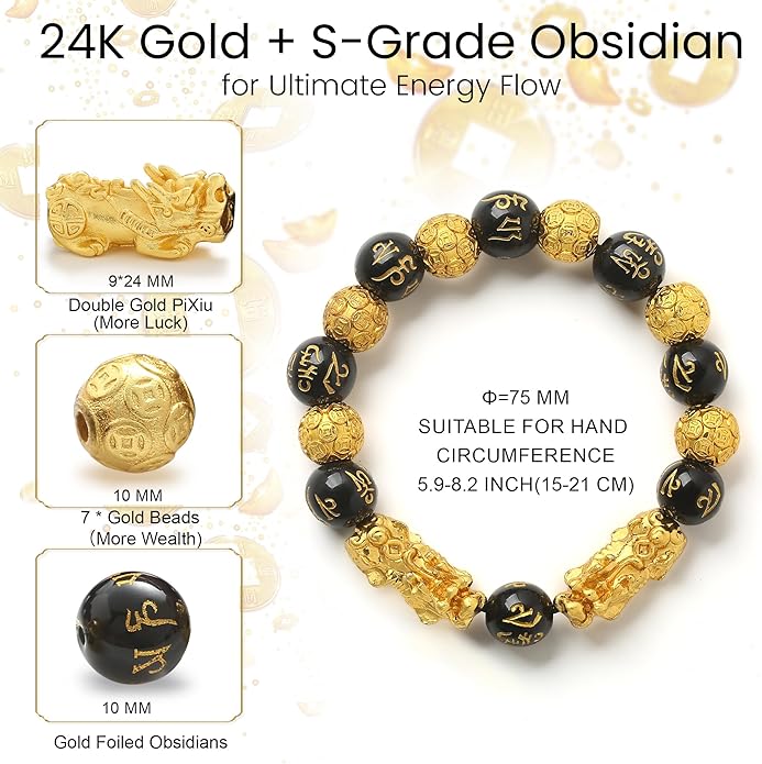 KINLNGEE Dual 24K Gold Plated Pixiu Feng Shui Obsidian Bracelet, Lucky Wealth Charm & Dragon Protection for Men/Women, Mantra Prayer Beads Bracelets, Protective Amulet Gift, Jewelry Gifts(10mm)