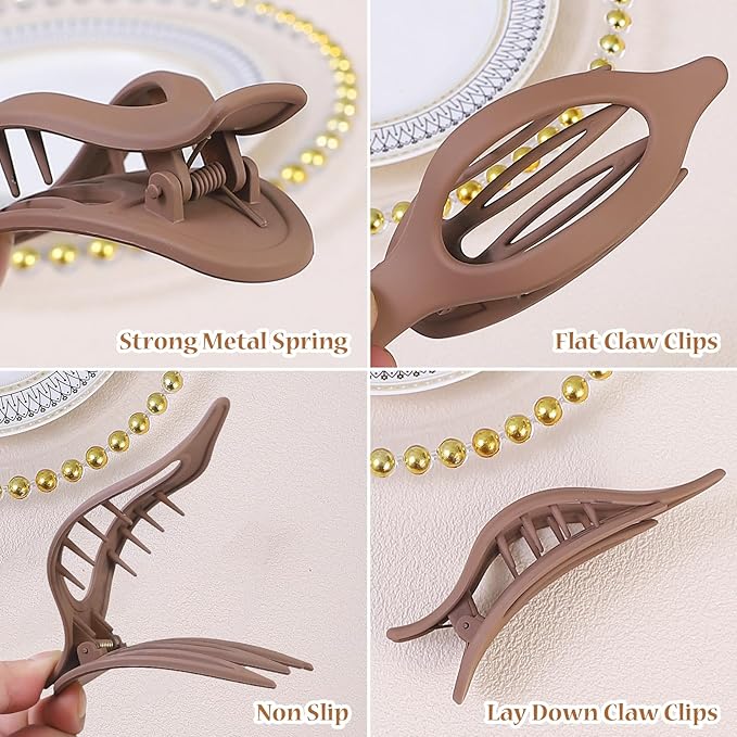 Flat Hair Clip 6 pcs Lay Down Claw Clips Hair Accessories for Women -Brown