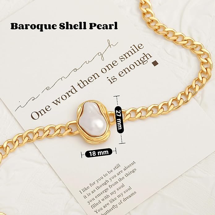 18k Gold Chain Link Necklace for Women, Baroque Pearl/Compass Pendant Necklace