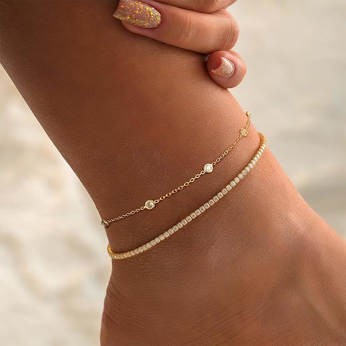 Ritach Ankle Bracelets for Women - Stainless Steel Silver/Gold Anklets for Women Waterproof Layered Cuban Link Figaro Chain Heart Anklets Set Summer Beach Jewelry Gifts