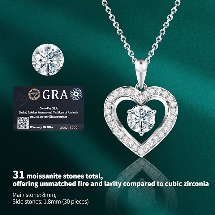 Full Moissanite Heart Necklace - No CZ! 2ct Vibrant Birthstone & 30 White Gems | 12 Month Gifts for Wife, Mom, Her | Anniversary, Valentine's Day, Mother's Day Jewelry