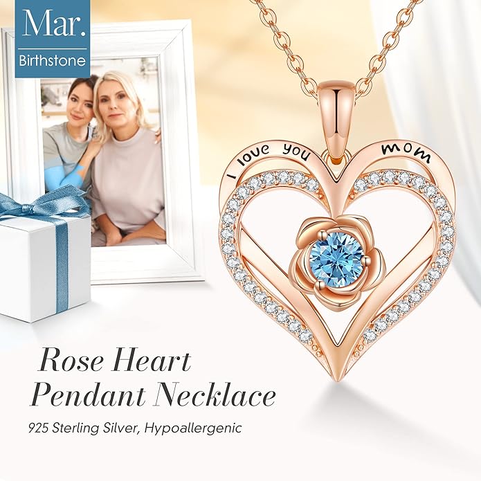 CDE S925 Silver Rose Gold Heart Birthstone Necklaces for Women，Ideal Anniversary or Birthday Jewelry Gifts for Wife Girlfriend Her
