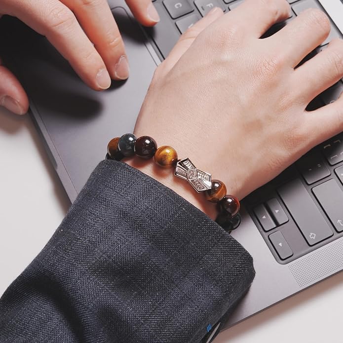 AWNL® Men's Beaded Bracelet with Sterling Silver Engraved Runes Charm 12mm Bronzite Dumortierite Obsidian Natural Gemstone Gift for Men, 6.1''-7.9''