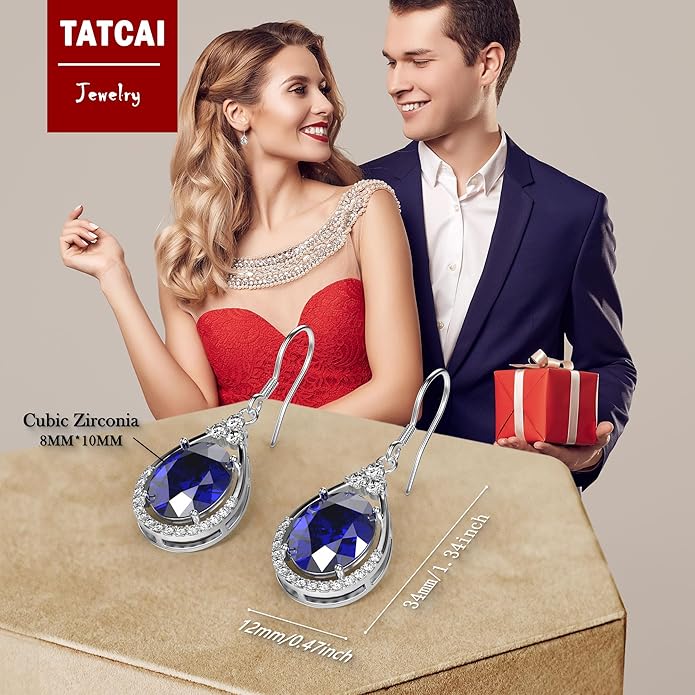 18K White Gold Plated Sterling Silver Oval Cut Cubic Zirconia Drop Dangle Earrings for Women Hypoallergenic Statement Earrings Gifts for Women Mom