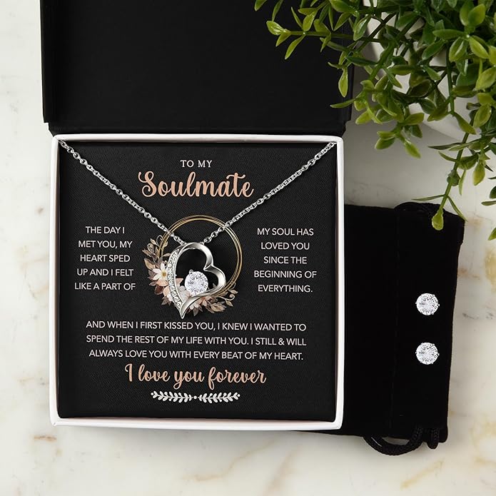 (USA-Assembled) To My Soulmate Gift - Womens Heart Necklace and Earring Set for Her Jewelry - Wedding Anniversary Valentines Day Birthday Engagement Christams Black Box (id172)