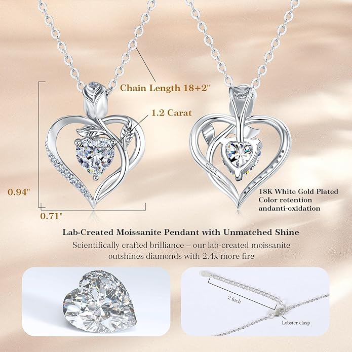 1.2CT Rose Heart Moissanite Necklace D Color VVS1 S925 18K White Gold For Wife Girlfriend Mom Daughter for Wedding Anniversary Birthday Christmas Conveys I Love You Message