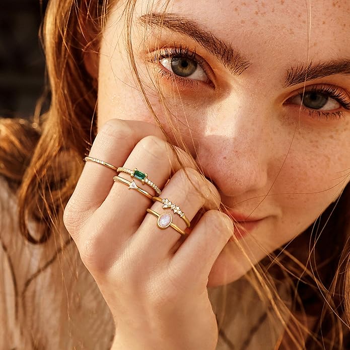 Fansilver 14K Gold Plated Stacking Rings for Women Simple Dainty Gold Stackable Knuckle Thumb Rings Heart CZ Opal Rings Plain Band Size 5-11