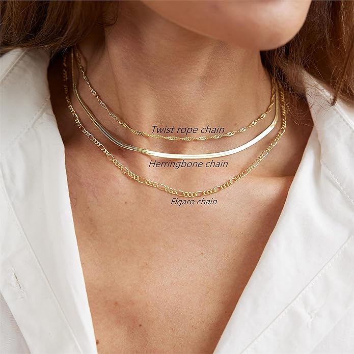 ASCOMY Layered Necklaces for Women Dainty Gold Necklace 14K Gold Plated Herringbone Necklace for Women Pearl Cross Necklace Paperclip Cuban Figaro Rope Satellite Chain Gold Choker Trendy Jewelry Gift