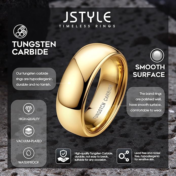 Jstyle 2mm 4mm 6mm 8mm Tungsten Rings for Men Women Hypoallergenic Wedding Band Rings Gold/Silver Domed High Polish Comfort Fit Size 6-12 Not Tarnished