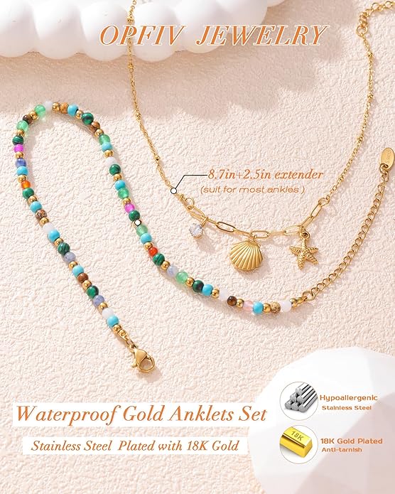 2/3 PCS Gold Anklets for Women Waterproof Boho Starfish, Seashell, Heart & Butterfly Charms Ankle Bracelets Non Tarnish Adjustable Layered Cuban Beaded Foot Chain Beach Jewelry for Summer Vacations