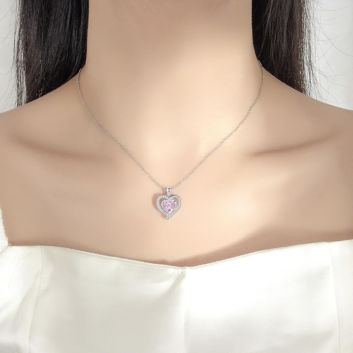 Heart Necklace, I Love You Always & Forever, Birthstone Cubic Zirconia Pendant, Gift for Women