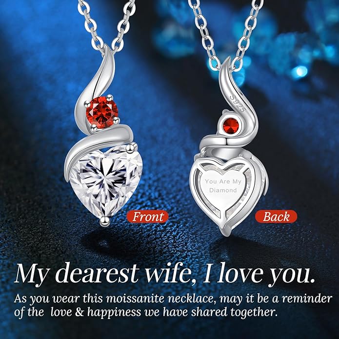 Moissanite Heart Pendant Necklaces for Women，925 Sterling Silver Gold Plating Necklace with Birthstone，Ideal Anniversary Present or Birthday Christmas Valentine Engagements Mothers Day Jewelry Gifts for Mom Wife Her Girlfriend
