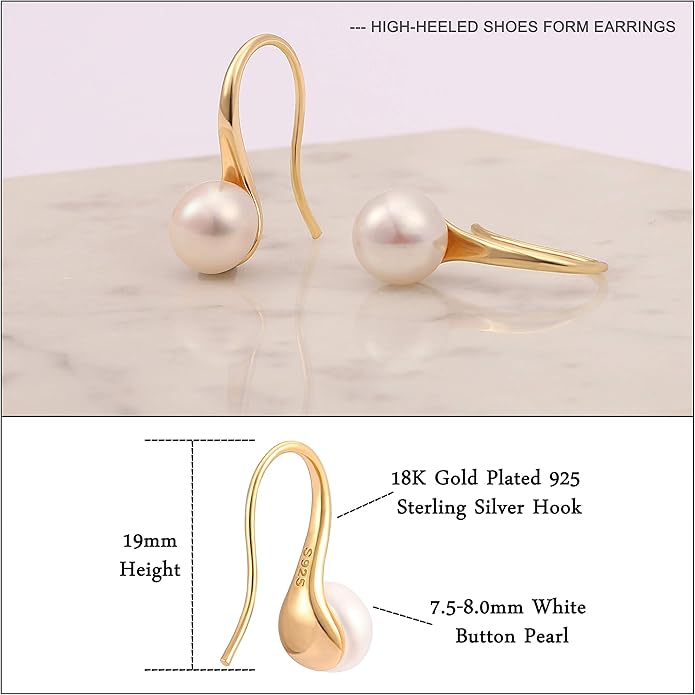 925 Sterling Silver Hoop Handpicked AAA+ Quality 7.5-8mm White Freshwater Cultured Pearl Dangle Drop Earrings Jewelry for Women