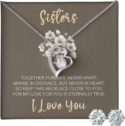 (USA-Assembled) Sisters Gift - Heart Necklace and Earring Set for Women Her Jewelry - Birthday Christmas Graduation College Female Black Box (id188)