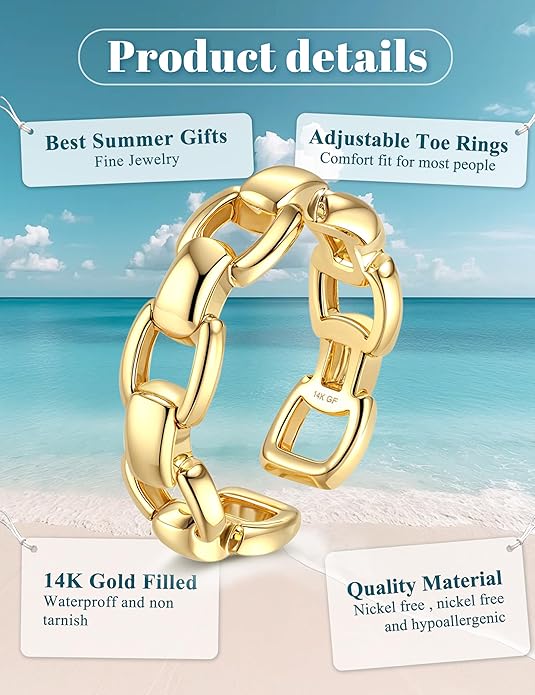 FIASASO 14K Gold Filled Toe Rings for Women Non Tarnish 14K Gold Filled Toe Ring Adjustable Band Opal Dainty Toe Ring Summer Beach Open Toe Rings Foot Jewelry