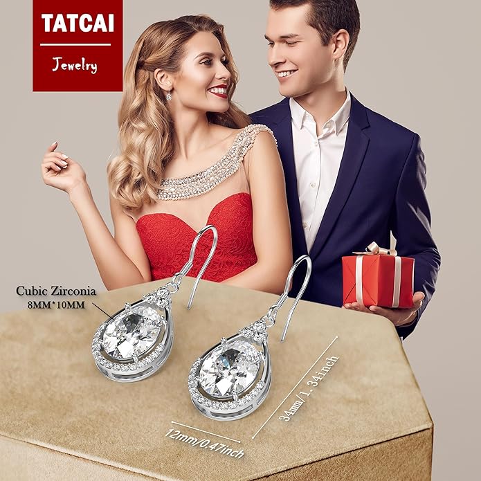 18K White Gold Plated Sterling Silver Oval Cut Cubic Zirconia Drop Dangle Earrings for Women Hypoallergenic Statement Earrings Gifts for Women Mom