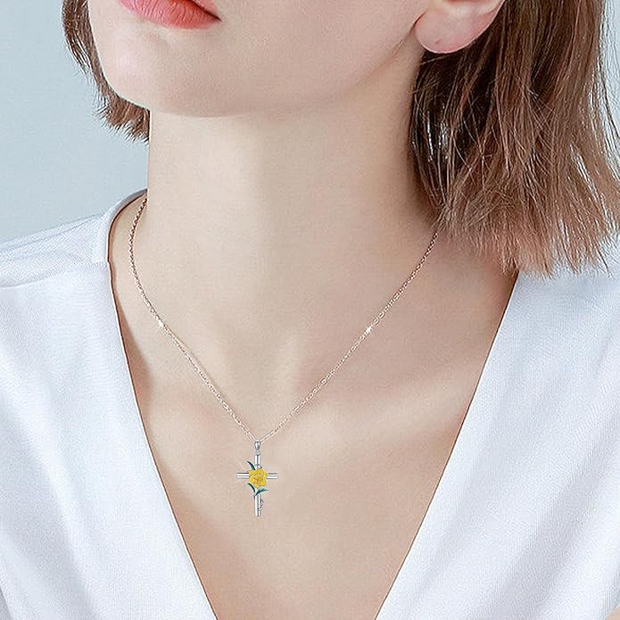 Flower Cross Necklace 925 Sterling Silver Carnation/Rose/Lily/Daisy Cross Necklace Birth Flower Jewelry for Women