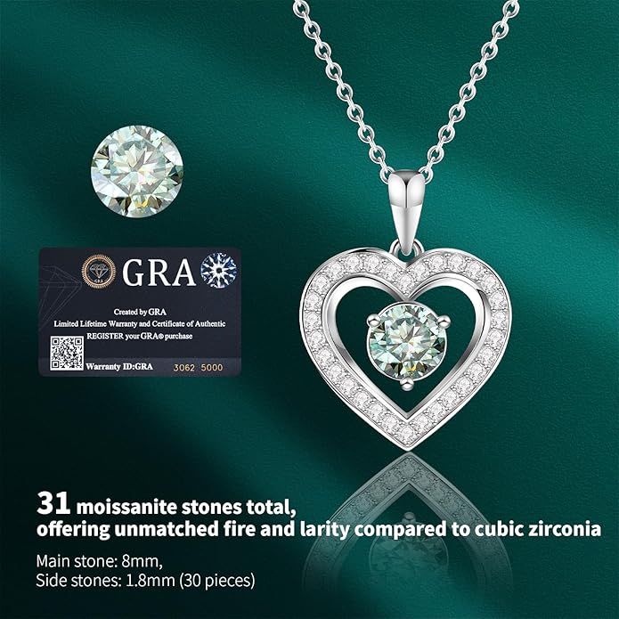 Full Moissanite Heart Necklace - No CZ! 2ct Vibrant Birthstone & 30 White Gems | 12 Month Gifts for Wife, Mom, Her | Anniversary, Valentine's Day, Mother's Day Jewelry