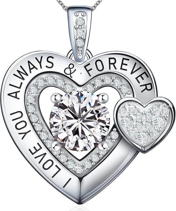 Diamond Moissanite Necklace for Women, 925 Sterling Silver Fine Necklace, Double Heart Necklace, Anniversary Present for Women, Jewelry Gift for Wife Girlfriend Mom
