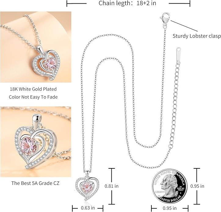 Heart Necklace, I Love You Always & Forever, Birthstone Cubic Zirconia Pendant, Gift for Women