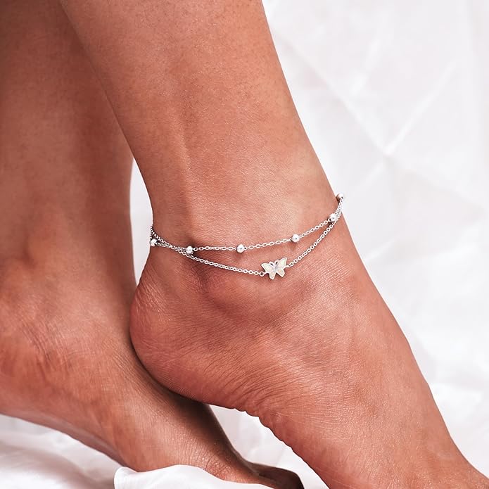 CHIC & ARTSY Womens Sterling Silver Created Opal Layered Anklet Bracelet Dainty Beaded Chain Adjustable 11" Best Friend Anklet