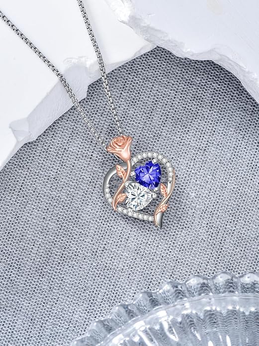 Jewelry for Her Double Heart Rose Birthstone Pendant Necklace Anniversary Jewelry Christmas Birthday Gifts for Women Wife Girlfriend