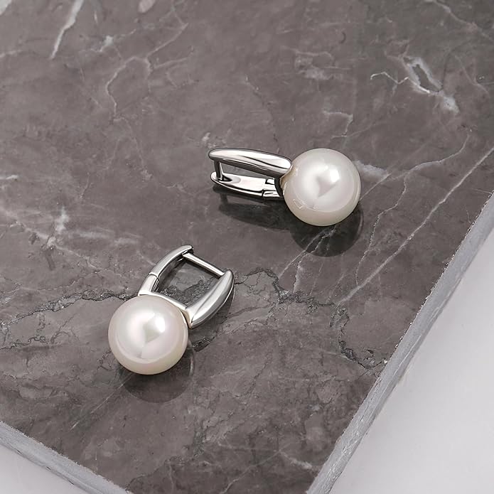 925 Sterling Silver Hoop Handpicked AAA+ Quality 7.5-8mm White Freshwater Cultured Pearl Dangle Drop Earrings Jewelry for Women