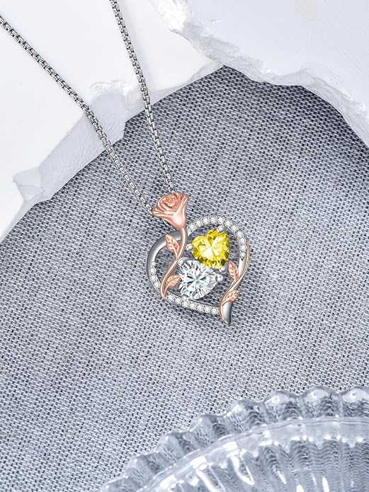 Jewelry for Her Double Heart Rose Birthstone Pendant Necklace Anniversary Jewelry Christmas Birthday Gifts for Women Wife Girlfriend