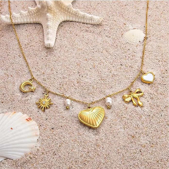 Chunky Retro Heart Necklace for Women Antique Layer Beach Ocean Moon Stars Western Boho Charm Necklaces Retro Link Chain Jewelry