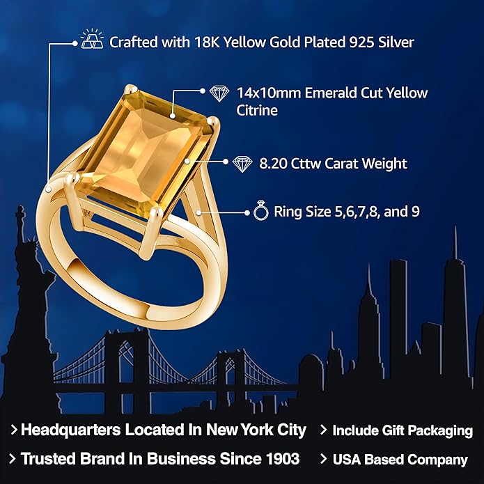Gem Stone King 5-10 Cttw Gemstone Birthstone Solitaire Engagement Ring For Women | 18K Yellow Gold Plated Silver | 14X10MM Emerald Cut | Wedding Anniversary Ring | Available In Size 5, 6, 7, 8, 9