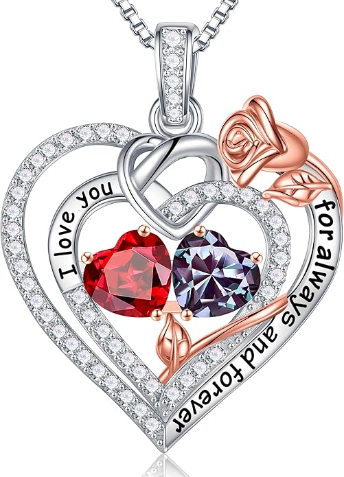 Iefil Rose Heart Necklace Gifts for Wife Women - 925 Sterling Silver Double Birthstone Necklace, Anniversary Birthday Gifts for Women, Jewelry Gift for Wife Girlfriend Mom Her