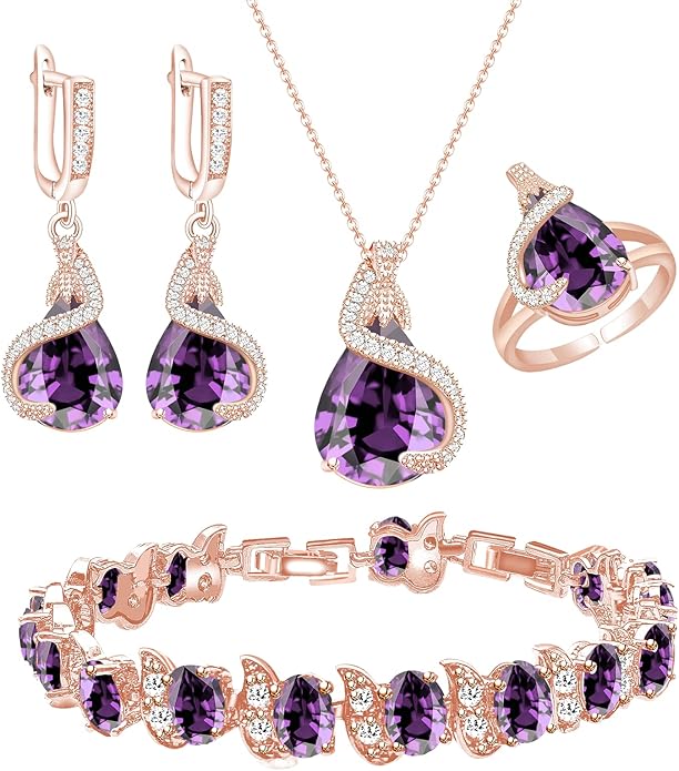 GZWHD Jewelry Set for Women Water Drop Cubic Zirconia Artificial Crystal Earrings Pendant Necklace Open Ring Tennis Bracelet Wedding Anniversary Birthday Engagement Gift for Bridesmaid Wife Girlfriend Friend