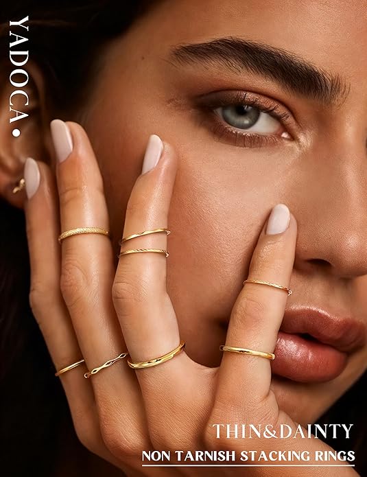YADOCA 8Pcs 1MM 2MM Stainless Steel Rings for Women Men Minimalist Fashion Dainty Plain Thin Knuckle Stacking Midi Thumb Rings Stackable Statement Band Rings Set Silver Gold Tone Size 4-12