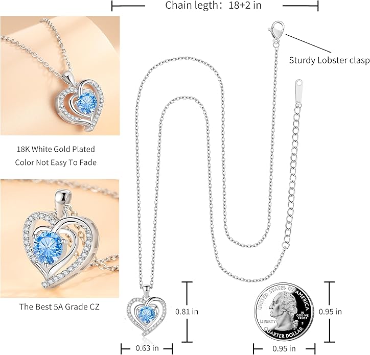 Heart Necklace, I Love You Always & Forever, Birthstone Cubic Zirconia Pendant, Gift for Women