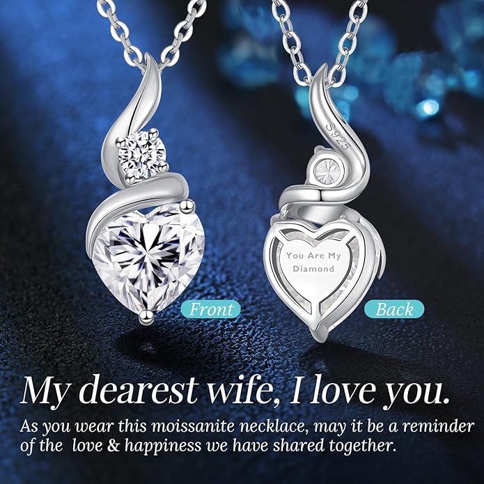 Moissanite Heart Pendant Necklaces for Women，925 Sterling Silver Gold Plating Necklace with Birthstone，Ideal Anniversary Present or Birthday Christmas Valentine Engagements Mothers Day Jewelry Gifts for Mom Wife Her Girlfriend