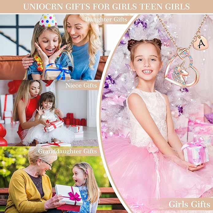 Hidepoo Unicorn Necklace Gifts for Girls Daughter - Colorful CZ Heart Pendant Initial Unicorn Necklaces for Girl Teens Little Girls Jewelry Birthday Gift