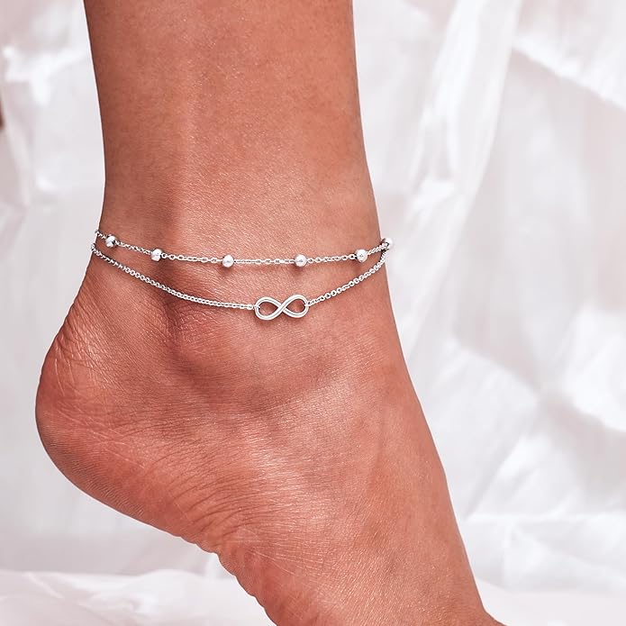CHIC & ARTSY Womens Sterling Silver Created Opal Layered Anklet Bracelet Dainty Beaded Chain Adjustable 11" Best Friend Anklet