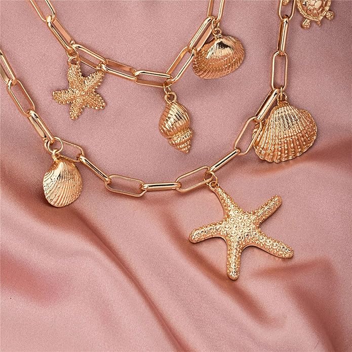 Choistily Charm Necklace Dainty Gold Western Outfit Beach Jewelry for Women Trendy Cowgirl Accessories for Women Gold Bow Sea Shell Pendant Necklace Preppy Stuff Summer Jewelry 2025