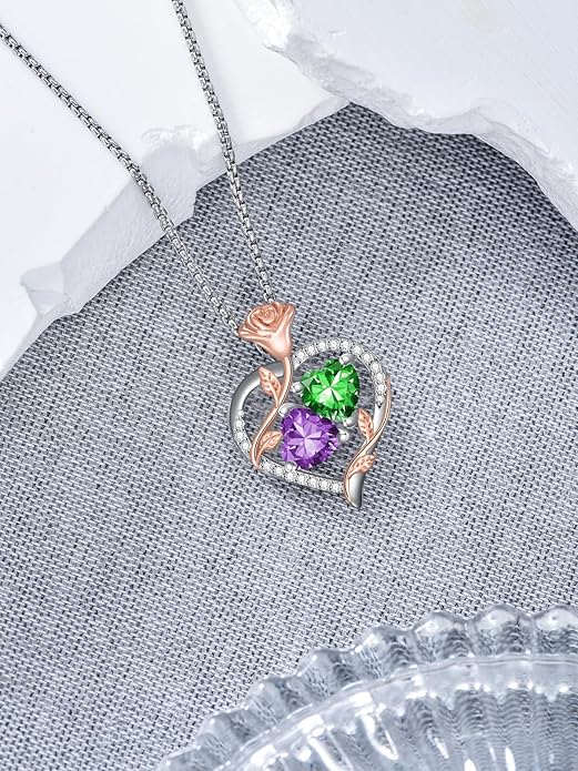 Jewelry for Her Double Heart Rose Birthstone Pendant Necklace Anniversary Jewelry Christmas Birthday Gifts for Women Wife Girlfriend