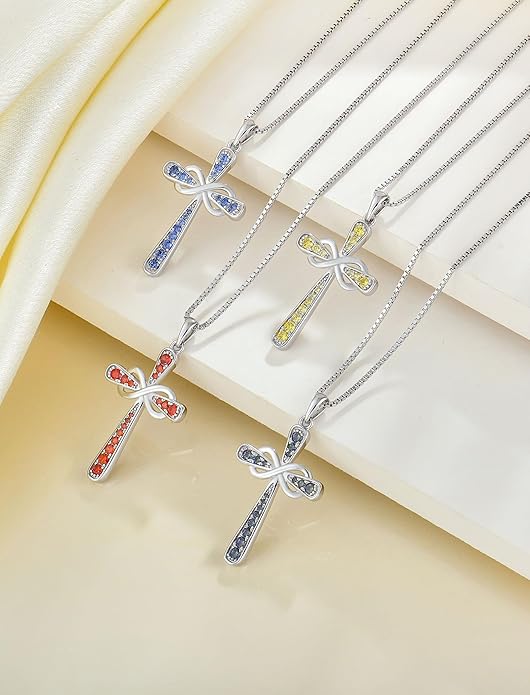 YL 925 Sterling Silver Cross Necklace for Women Halo Infinity Pendant Birthstone Jewelry for Mom