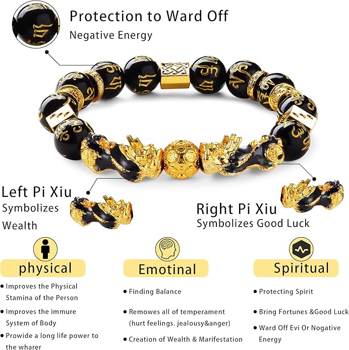 Fansilver 7 Pieces Feng Shui Bracelet Necklace Ring Set for Women Men Feng Shui Pi Xiu Mantra Ring Good Luck Black Obsidian Bracelet Adjustable Feng Shui wealth Necklaces Jewelry