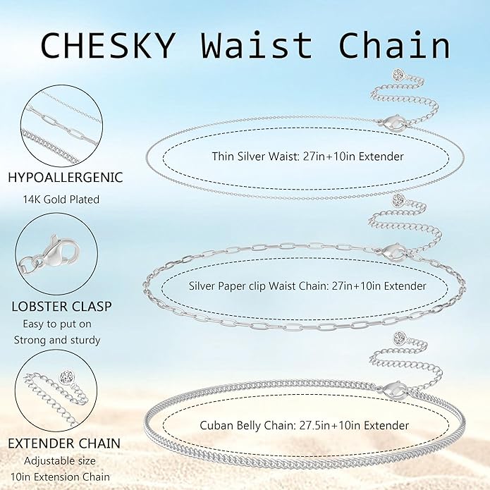 CHESKY Gold Waist Chain for Women, 14K Gold Plated Silver Layered Belly Belt Chains Sexy Bikini Beach Waist Beads Chain Waterproof Snake Pearl Cuban Body Chain Summer Jewelry Accessories for Women